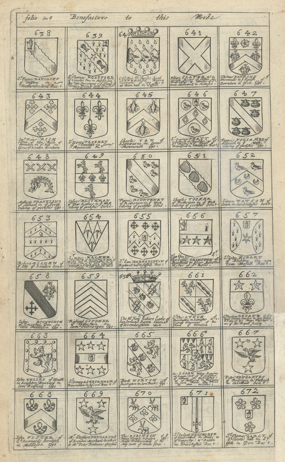 Family coats of arms of benefactors to Blome's Britannia. Folio 20 #638-672 1673
